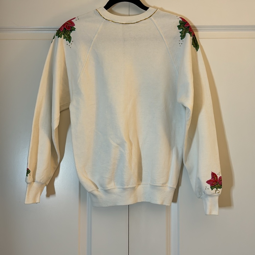 Vintage Poinsettia Christmas Red Green Gold Glitter Crew Sweatshirt M 🎄 - Picture 10 of 14